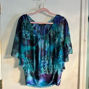 B.L.E.U. Blue Asymmetrical Flutter Sleeve Blouse